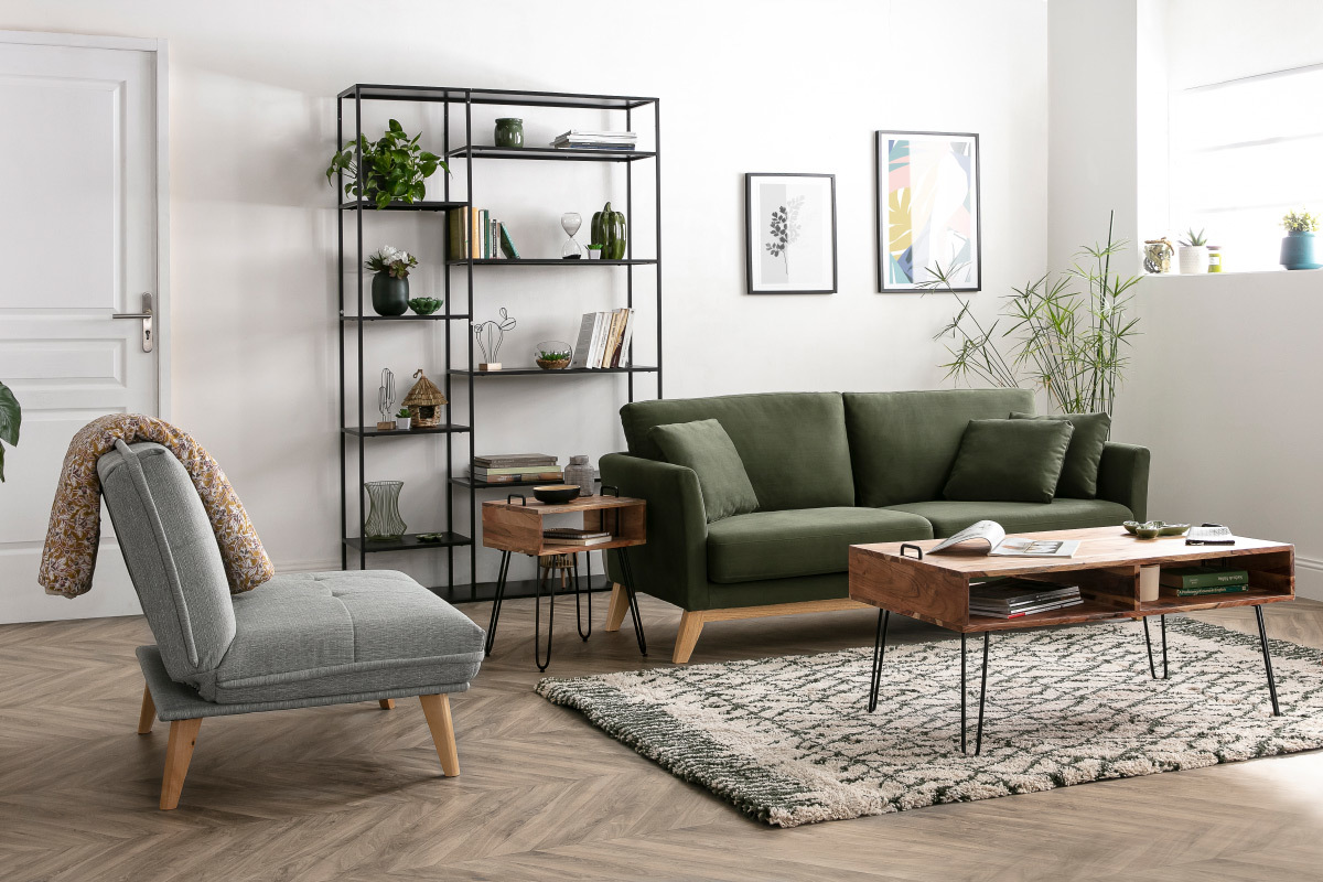 Fauteuil scandinave � combiner en tissu gris clair et bois clair BENNIE