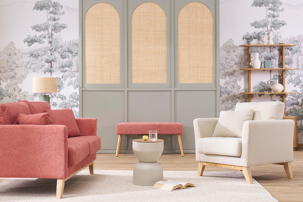 Fauteuil scandinave dhoussable en tissu beige et bois clair OSLO