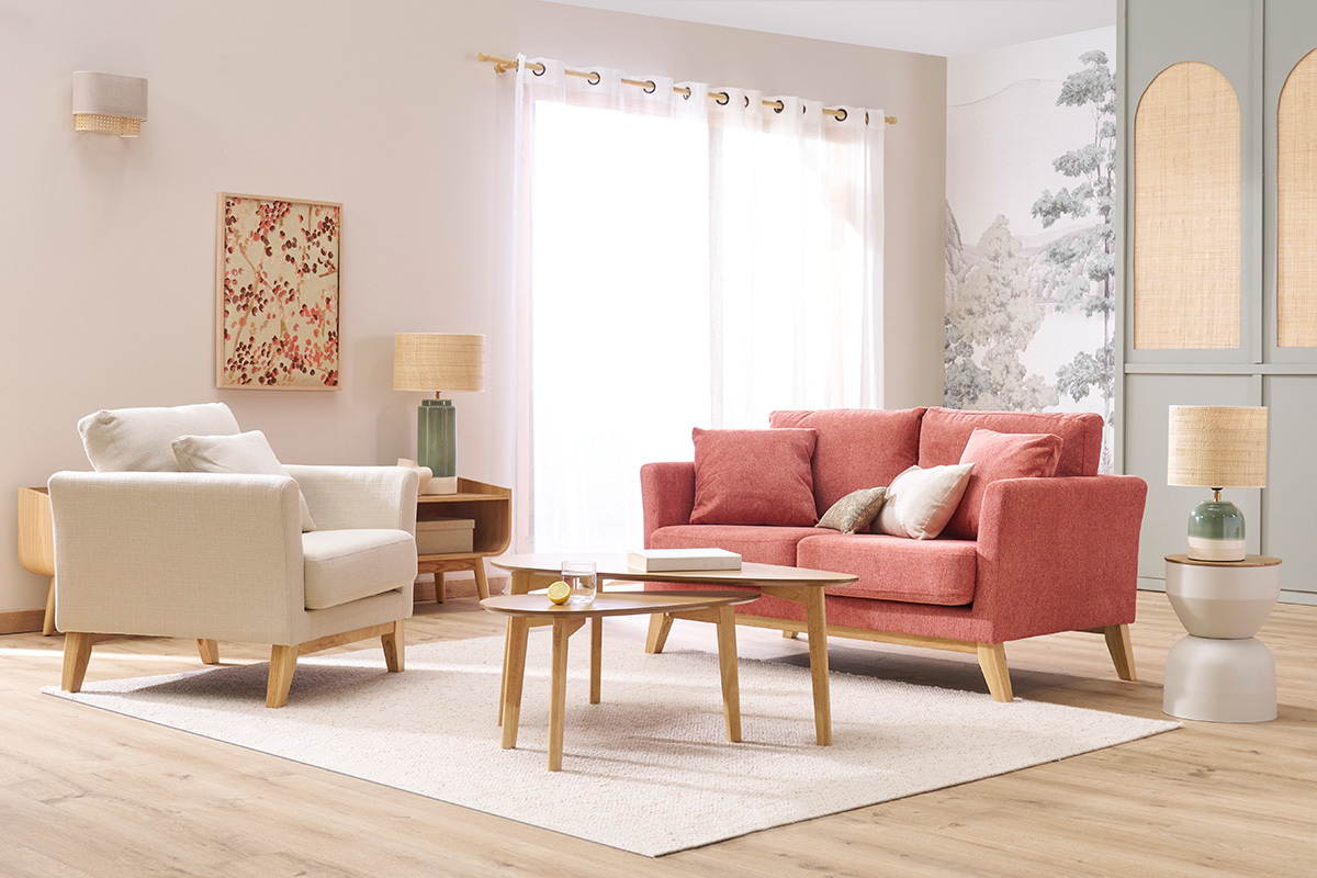 Fauteuil scandinave dhoussable en tissu beige et bois clair OSLO