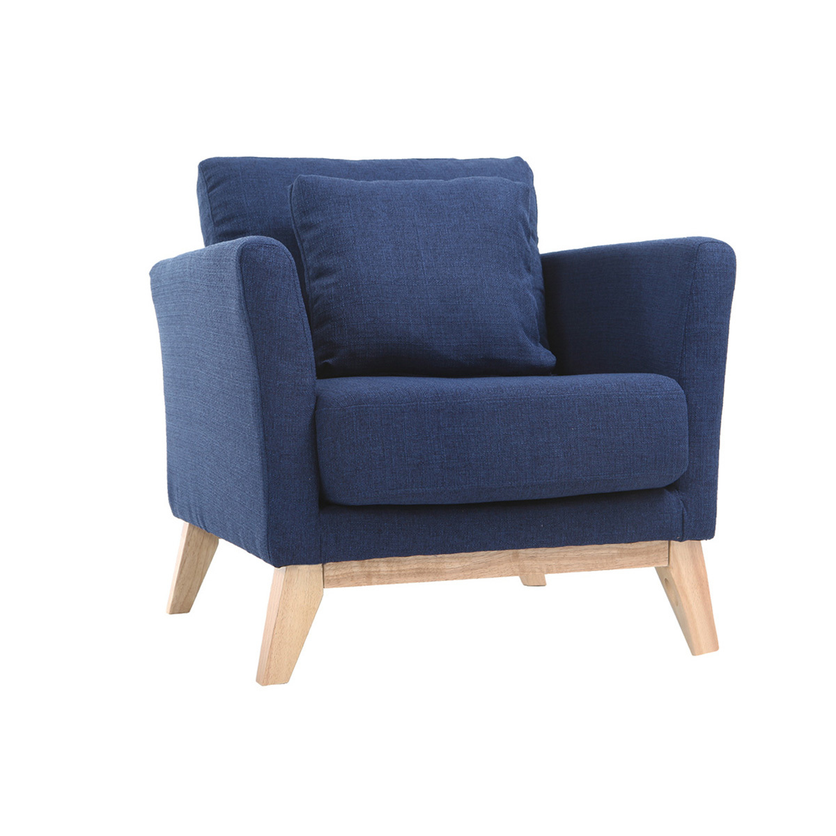 Fauteuil scandinave déhoussable en tissu bleu foncé et bois clair OSLO
