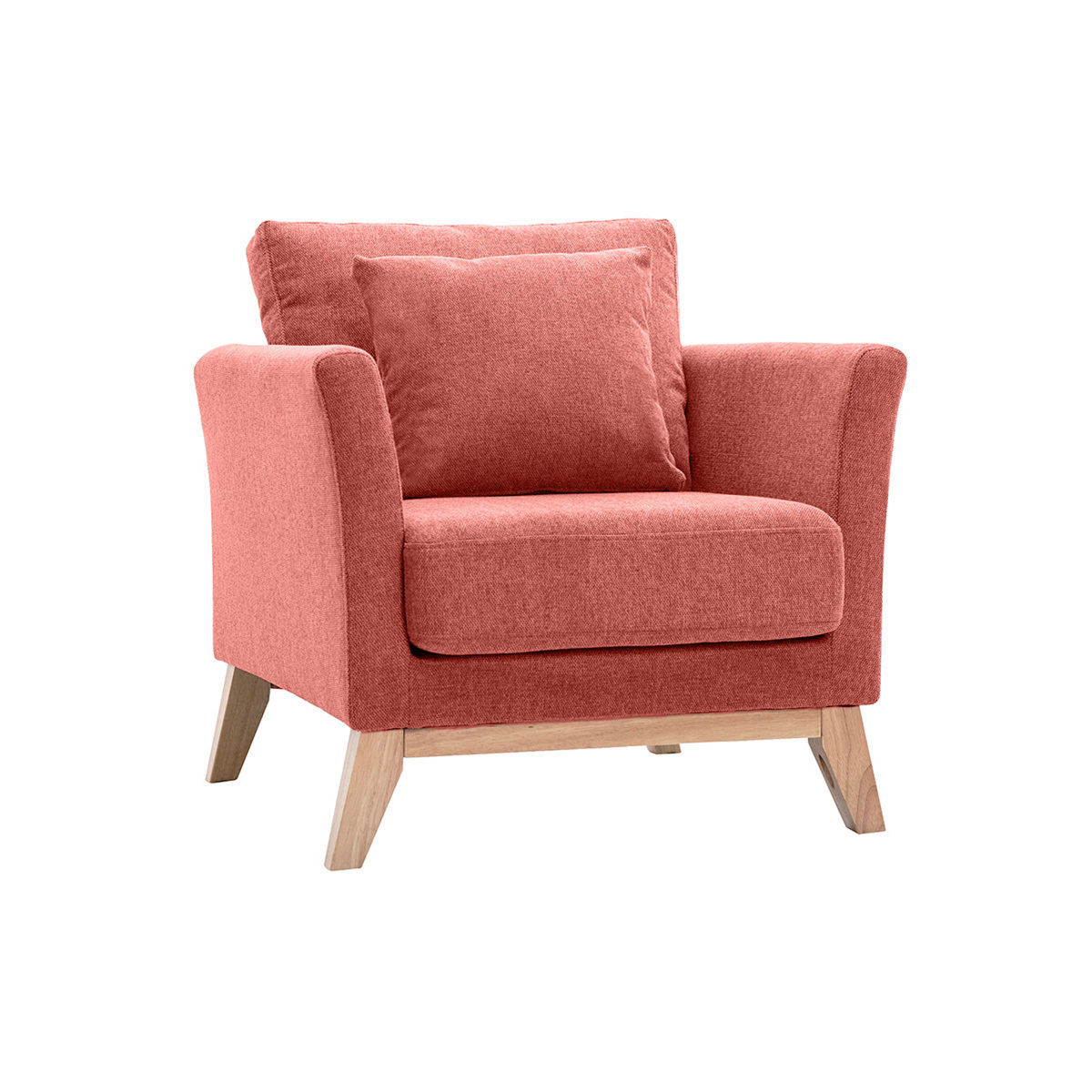 Fauteuil scandinave déhoussable en tissu effet velours texturé terracotta et bois clair OSLO