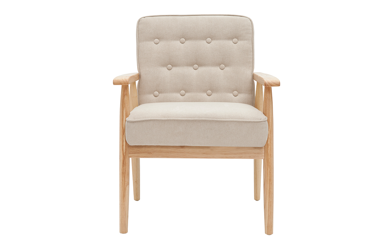Fauteuil scandinave en tissu beige et bois clair massif FILIP