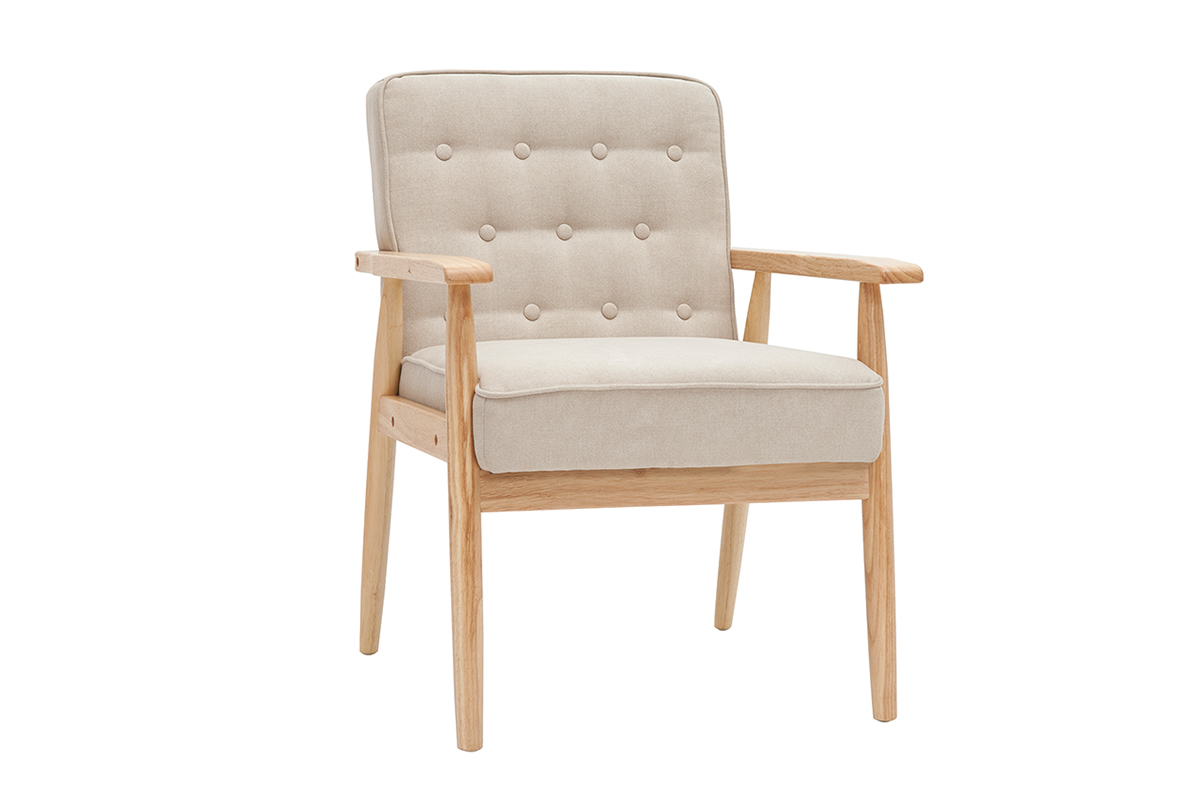 Fauteuil scandinave en tissu beige et bois clair massif FILIP