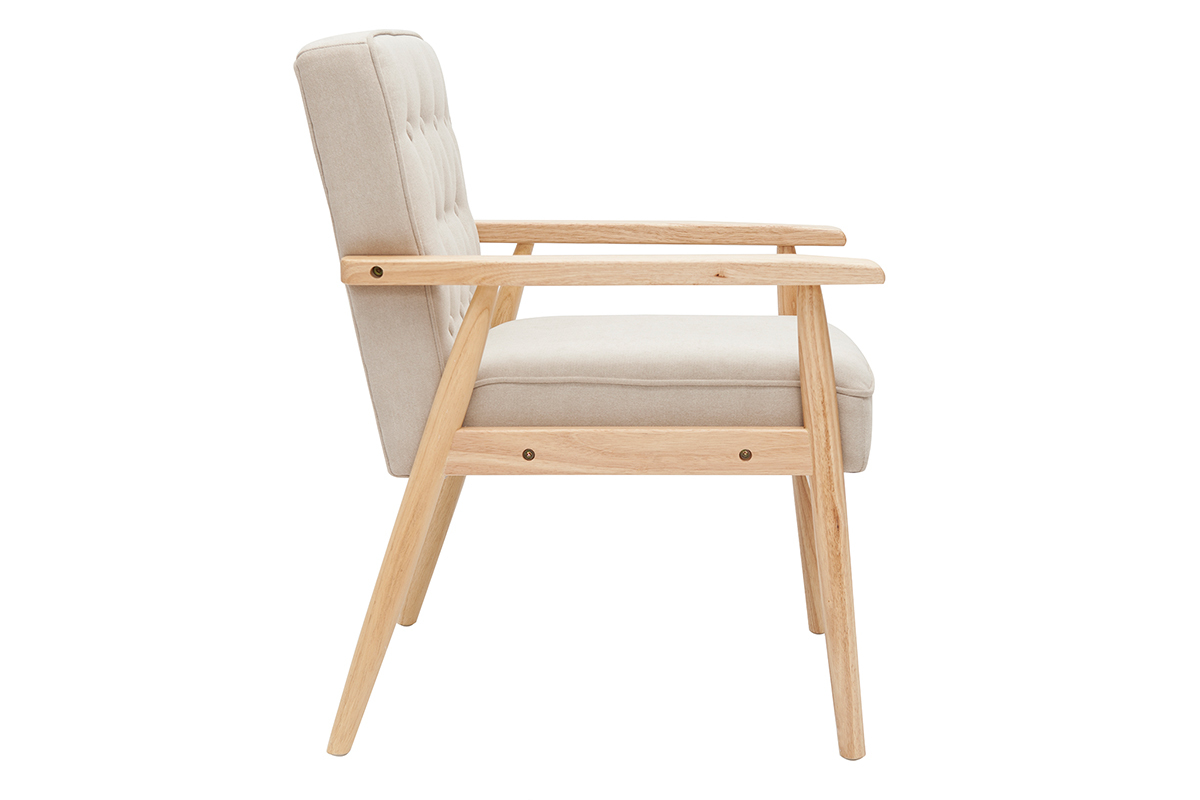 Fauteuil scandinave en tissu beige et bois clair massif FILIP