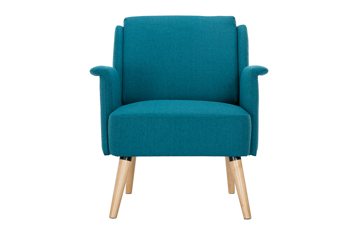 Fauteuil scandinave en tissu bleu canard et bois clair AEOLA