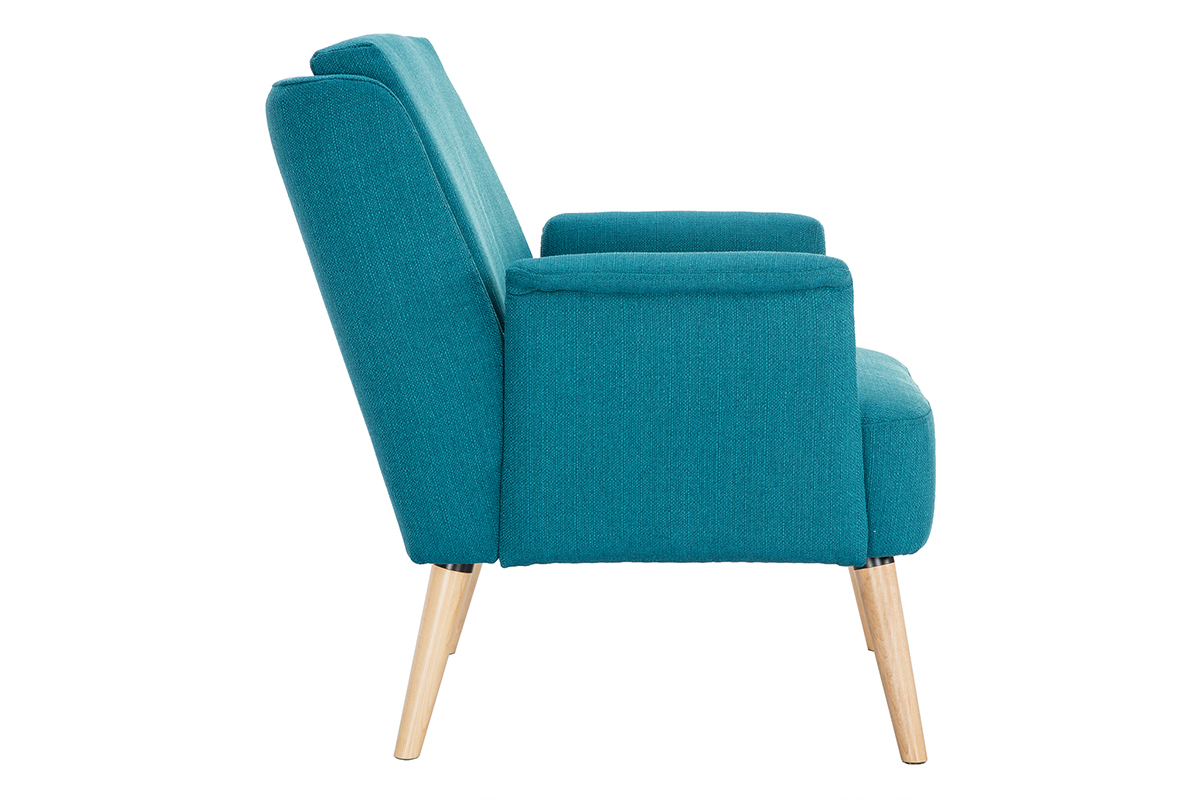 Fauteuil scandinave en tissu bleu canard et bois clair AEOLA
