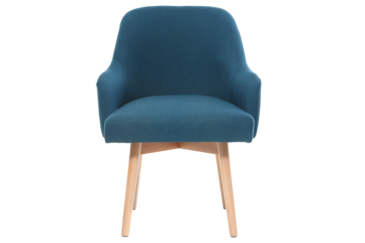 Fauteuil scandinave en tissu bleu canard et bois clair MONA