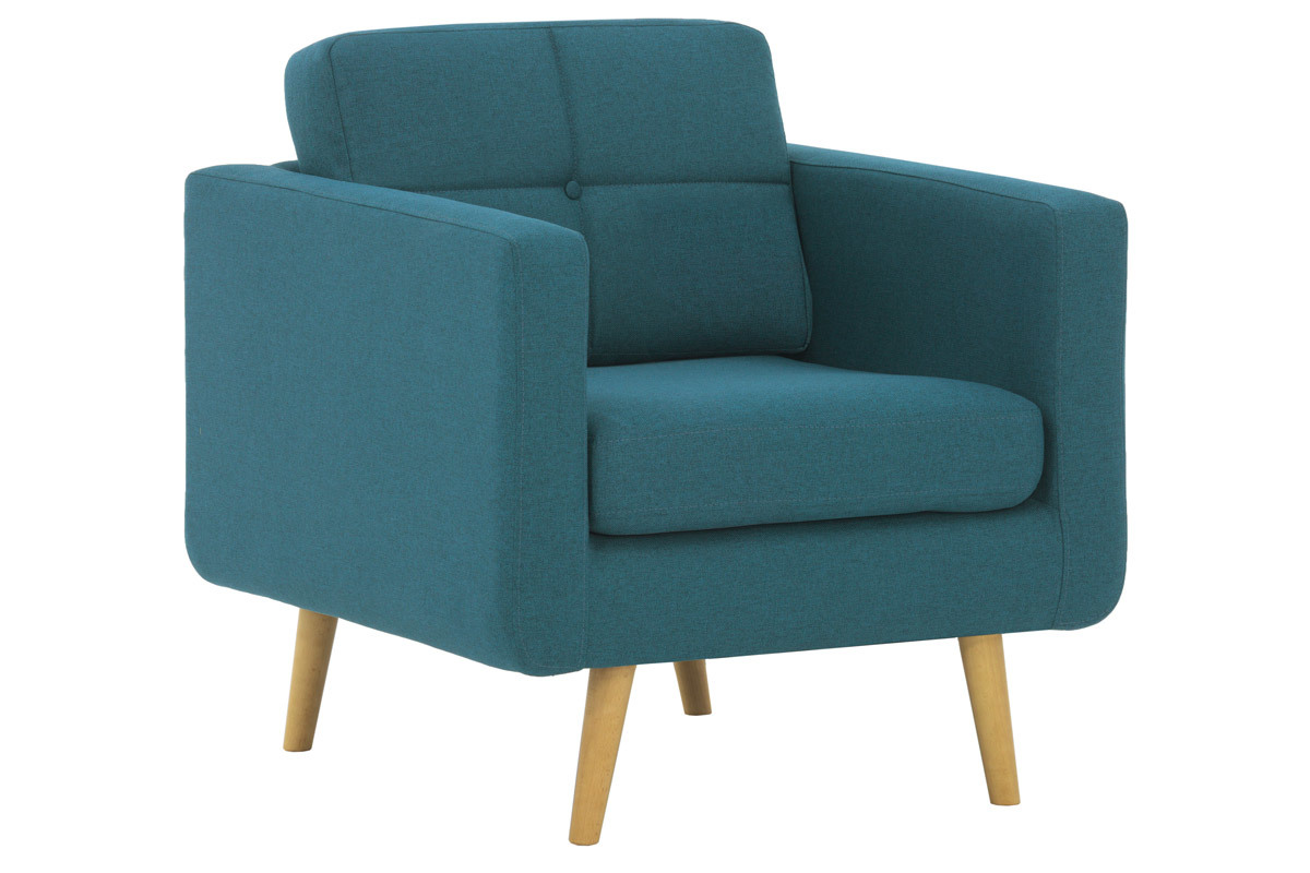Fauteuil scandinave en tissu bleu canard et bois ELFE