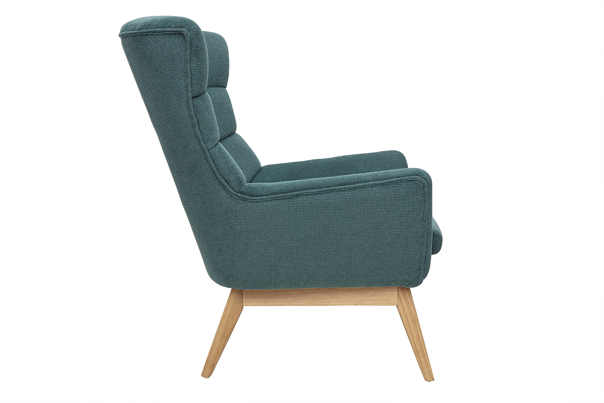 Fauteuil scandinave c�ladon en tissu textur� et bois, mod�le BRODY