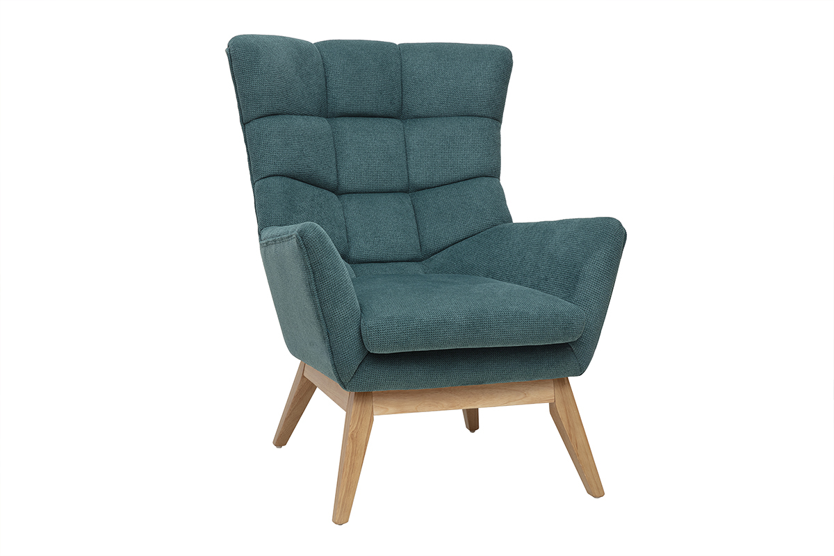Fauteuil scandinave en velours c�ladon et pieds en bois, mod�le BRODY.