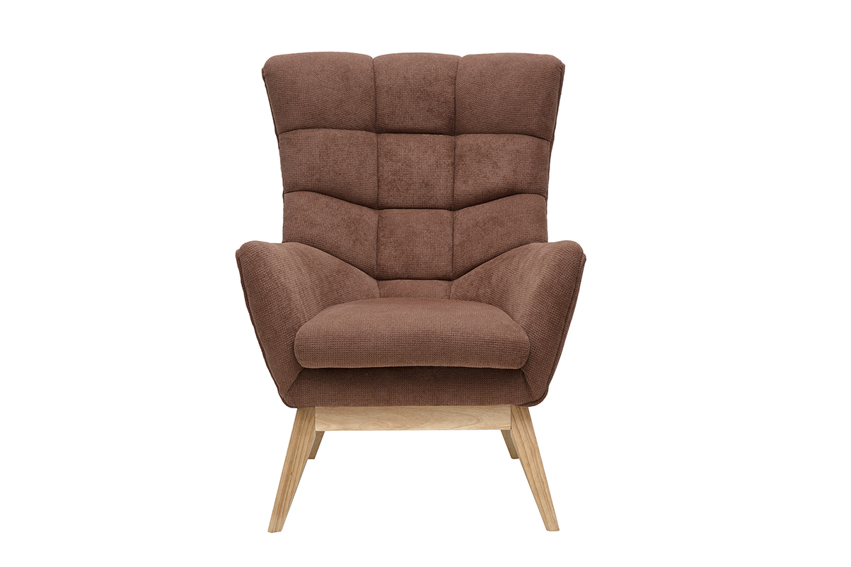 Fauteuil scandinave en velours terre br�l�e, vue de face, pi�tement bois clair.