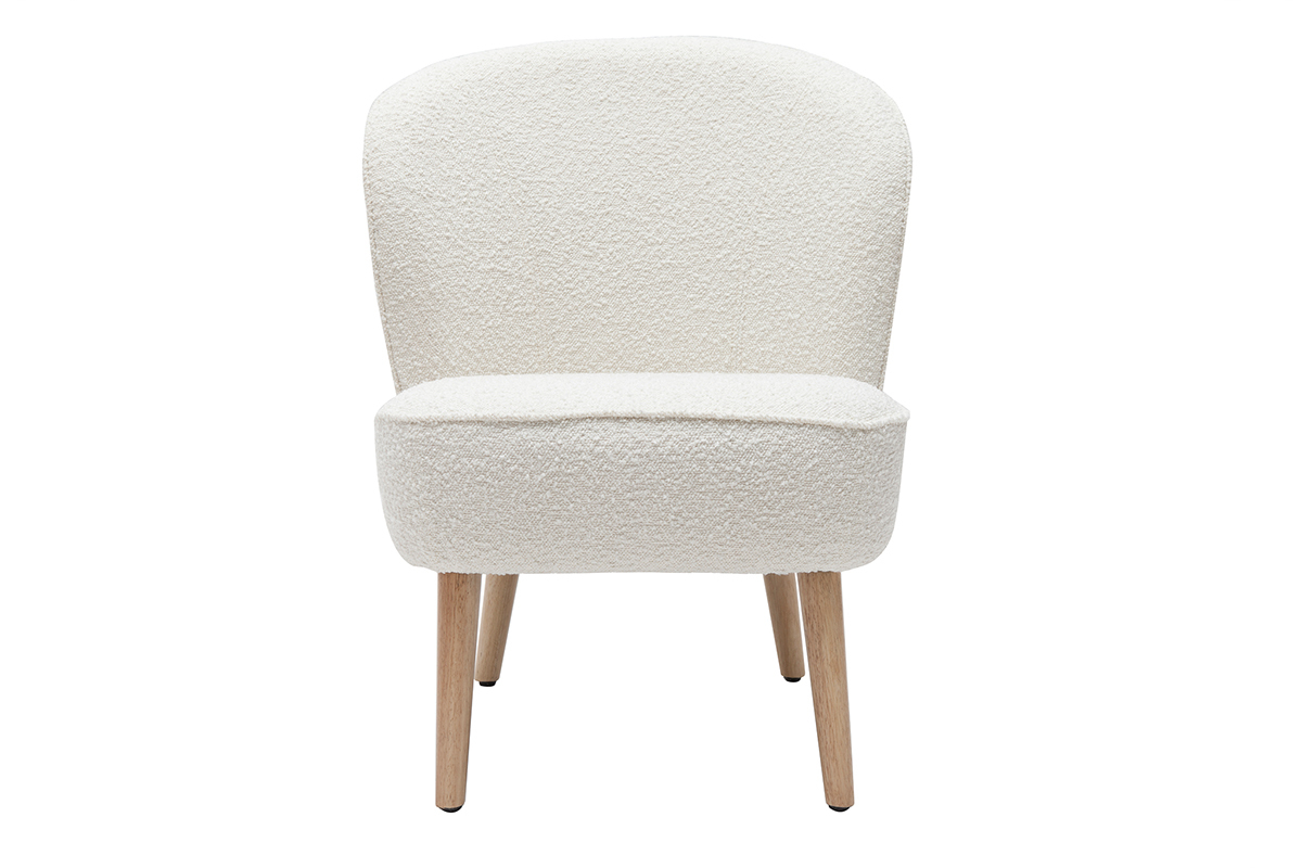 Fauteuil scandinave en tissu effet laine boucl�e blanc cass� et bois clair AMANITA
