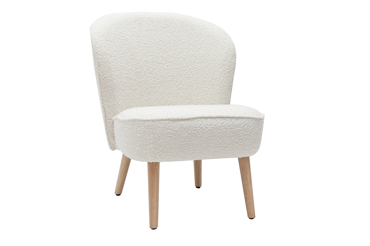 Fauteuil scandinave en tissu effet laine boucl�e blanc cass� et bois clair AMANITA