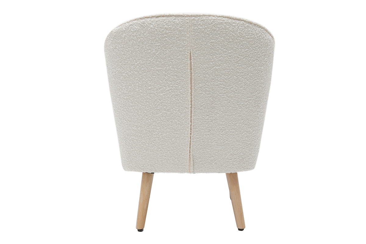 Fauteuil scandinave en tissu effet laine boucl�e blanc cass� et bois clair AMANITA