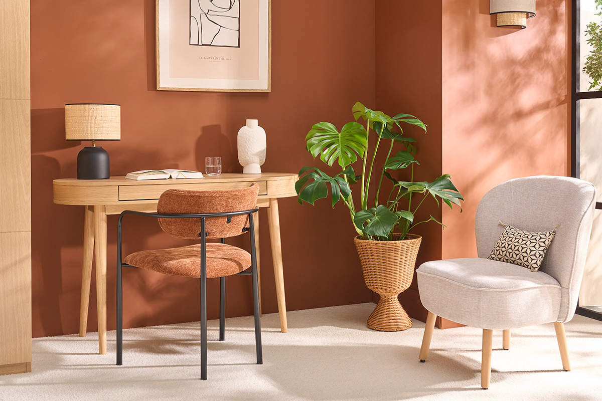 Fauteuil scandinave en tissu effet laine boucle blanc et bois clair AMANITA