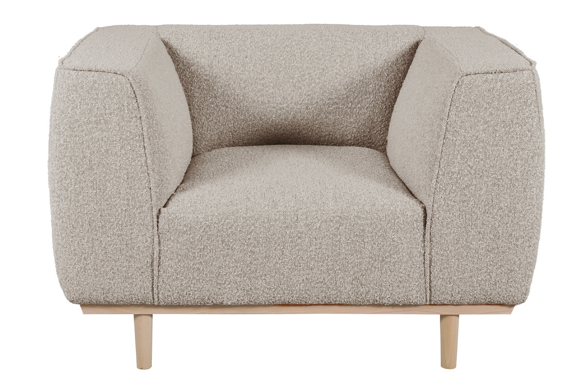 Fauteuil scandinave en tissu effet laine boucl�e taupe et bois clair MORRIS