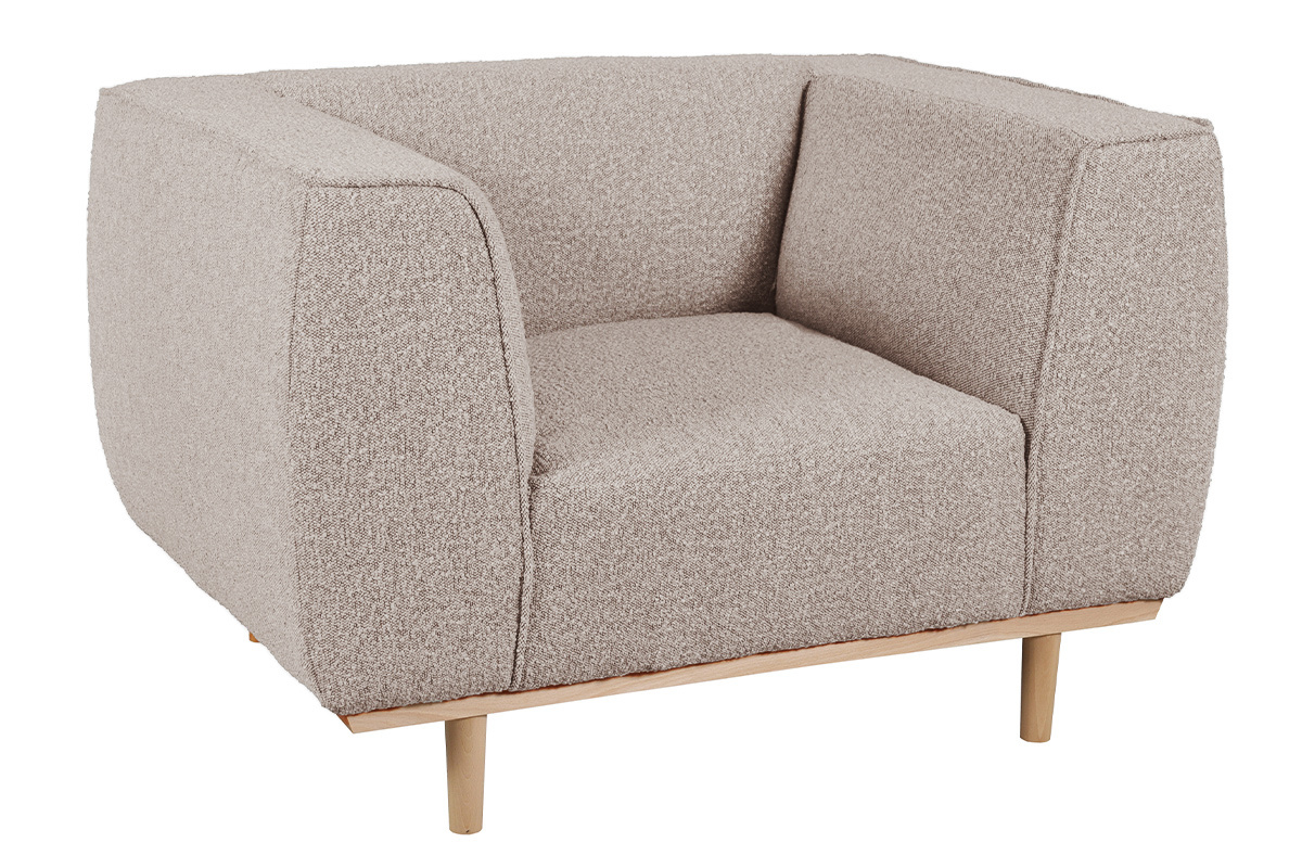 Fauteuil scandinave en tissu effet laine boucl�e taupe et bois clair MORRIS