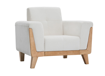 Fauteuil scandinave en tissu effet velours blanc cassé et bois clair FJORD
