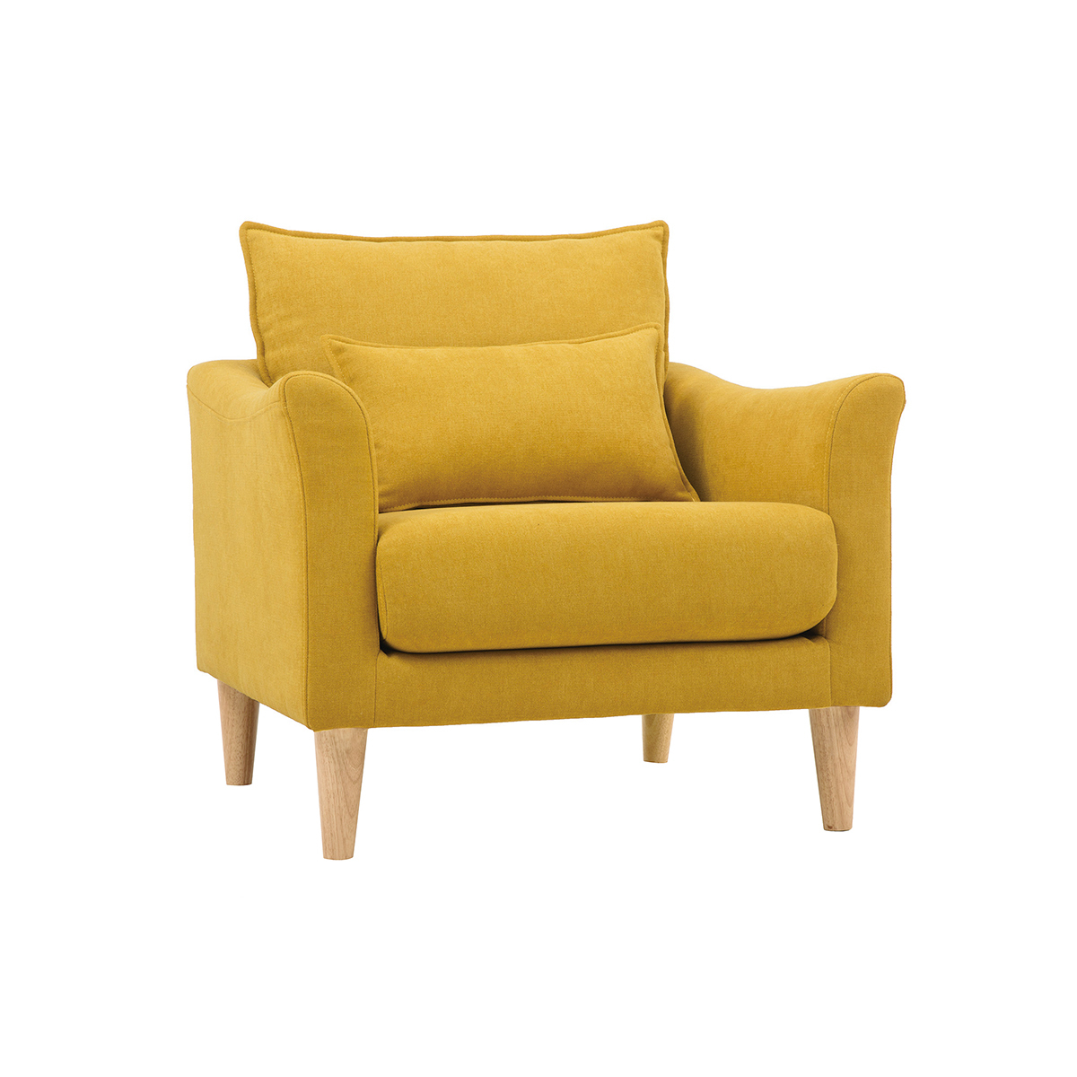 Fauteuil scandinave en tissu effet velours jaune moutarde et bois clair KATE