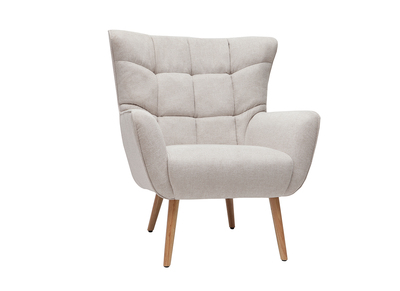 Fauteuil scandinave en tissu effet velours texturé beige et bois clair AVERY