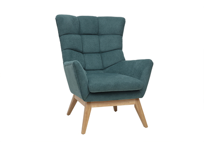Fauteuil scandinave en tissu effet velours texturé bleu canard et bois clair BRODY