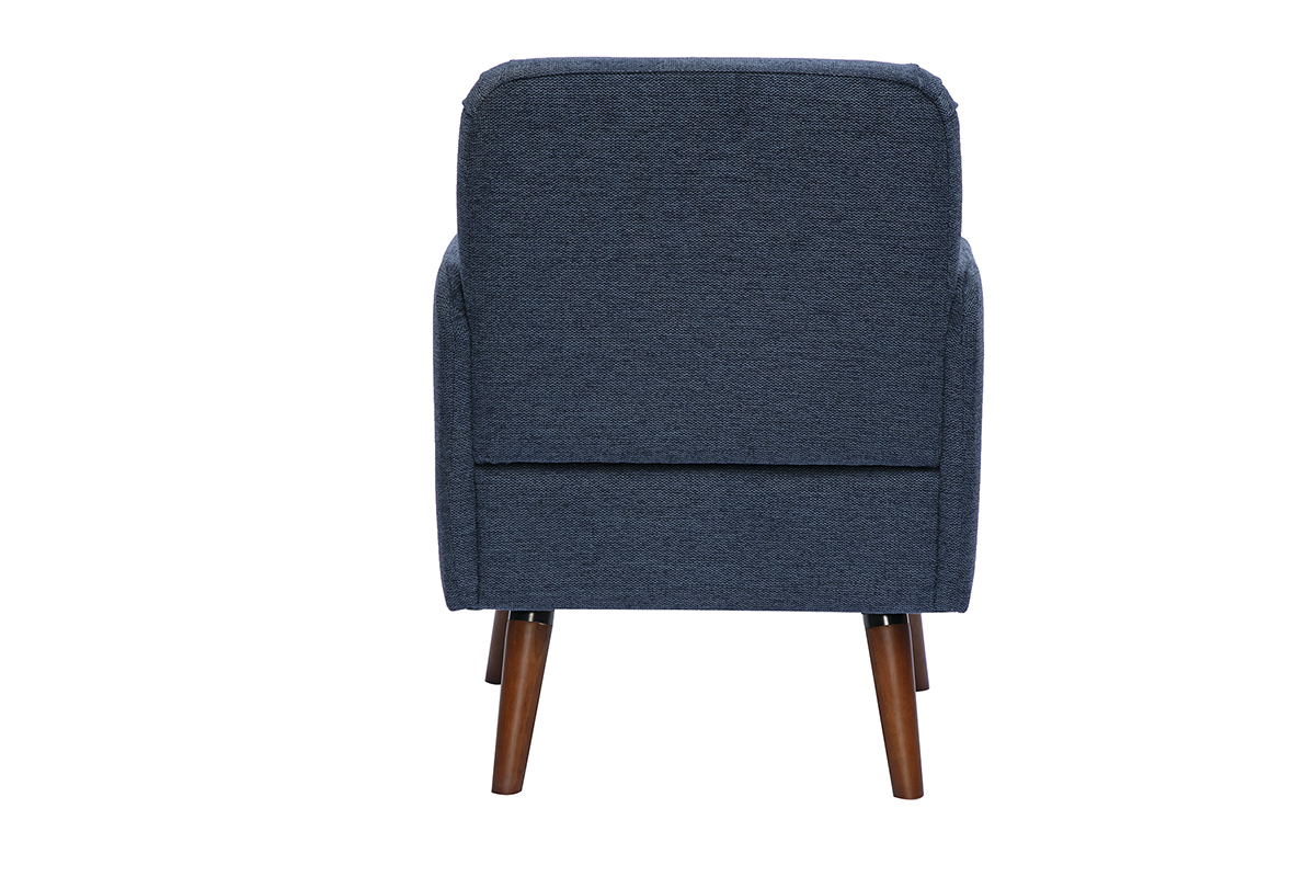 Fauteuil scandinave en tissu bleu fonc�, vue arri�re, pieds en bois fonc�.