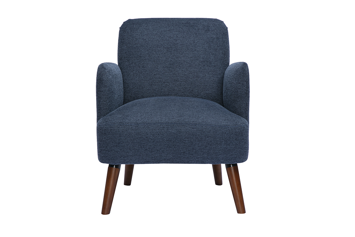 Fauteuil scandinave bleu fonc�, face, pieds en bois fonc�.