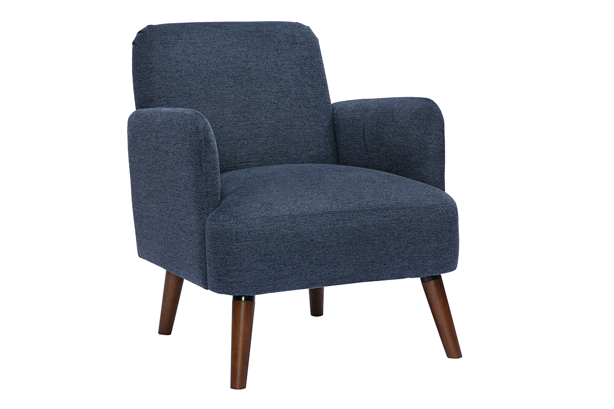 Fauteuil scandinave bleu en tissu effet velours, pieds en bois fonc�, vue de 3/4.