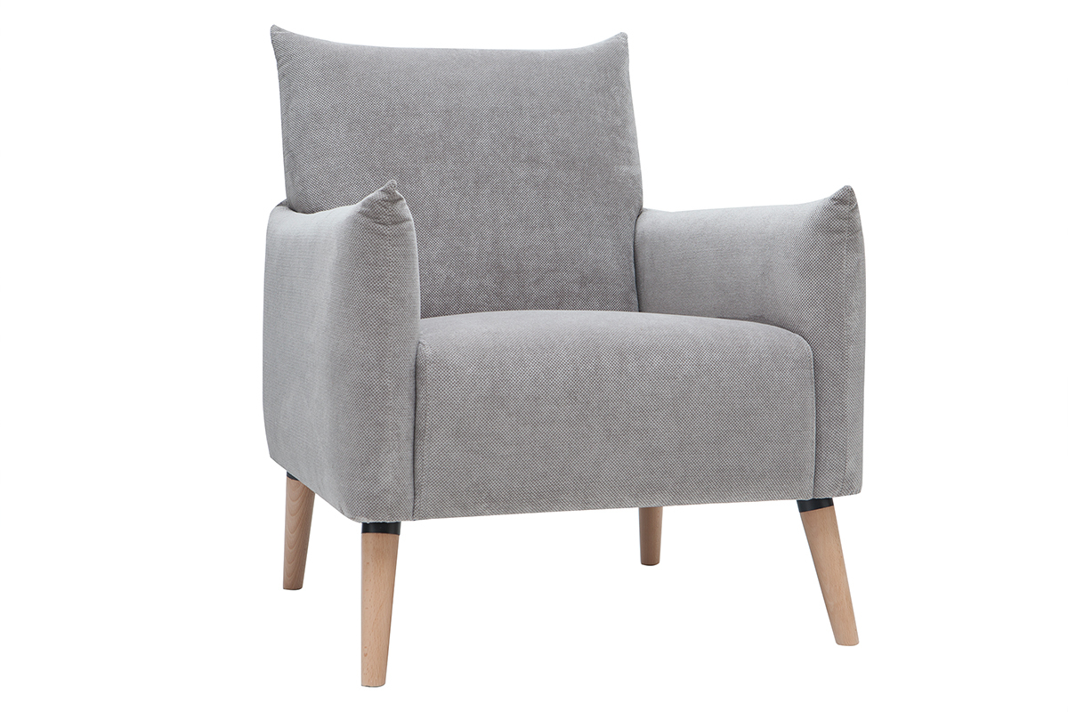 Fauteuil scandinave en tissu effet velours textur� gris clairet bois clair AGAPE