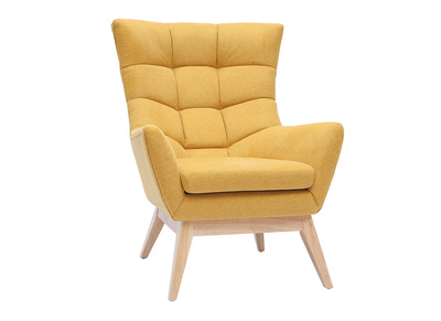 Fauteuil scandinave en tissu effet velours texturé jaune moutarde et bois clair BRODY