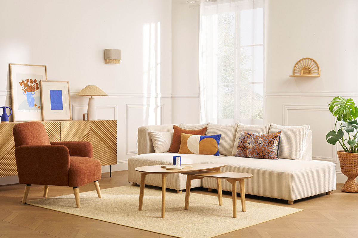 Fauteuil scandinave en tissu effet velours textur terre brle et bois clair ISKO