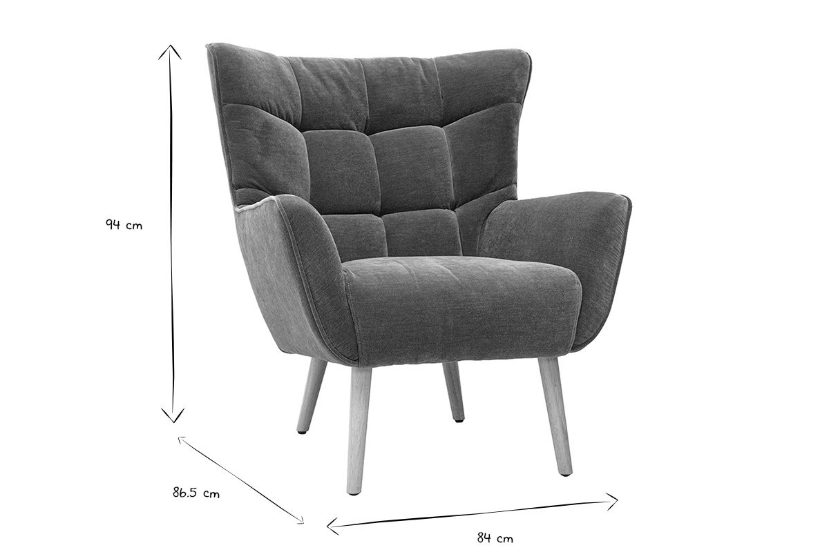 Dimensions du fauteuil scandinave AVERY en noir et blanc, 94 cm de hauteur, 84 cm de largeur, 86,5 cm de profondeur.