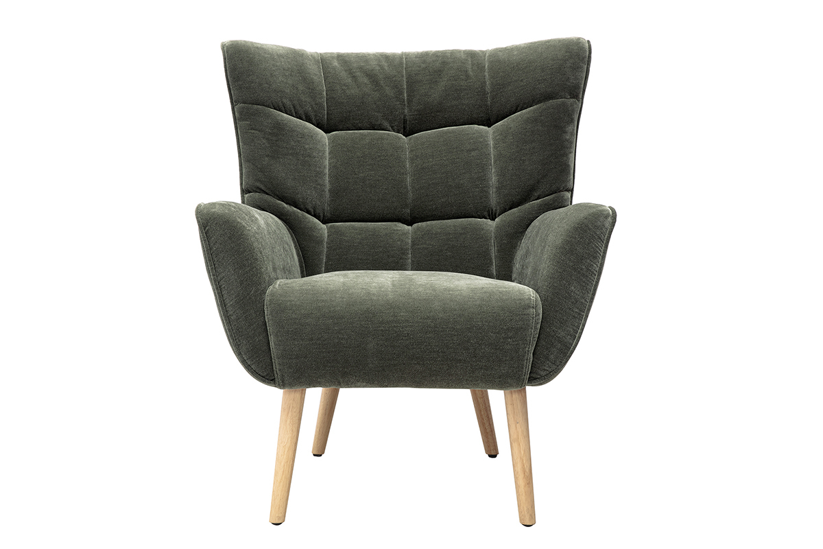 Fauteuil scandinave AVERY en tissu velours vert kaki, avec dossier capitonn� et pieds en bois clair.