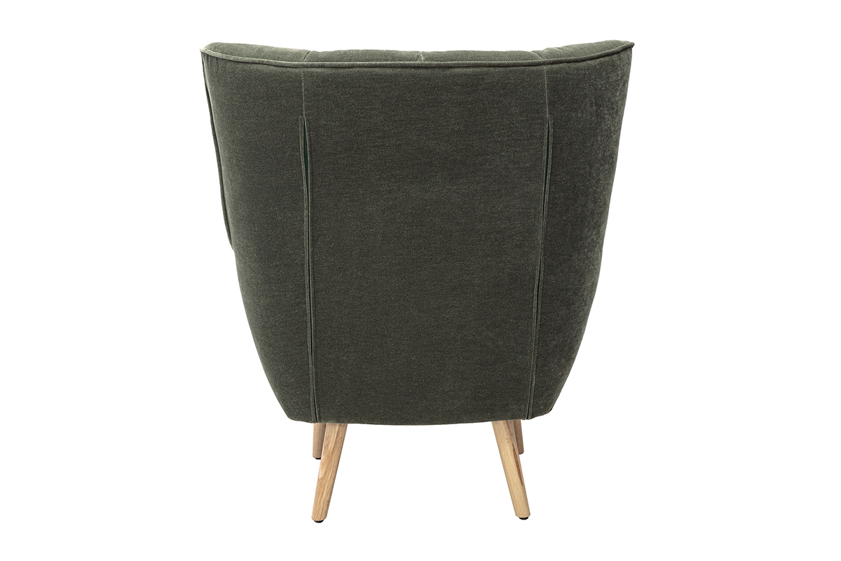 Fauteuil scandinave AVERY en tissu vert kaki, vu de dos, avec pieds en bois clair.