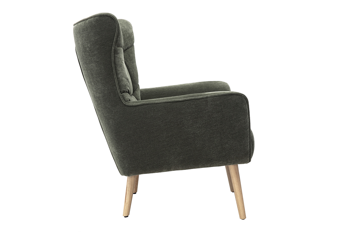 Fauteuil scandinave AVERY en tissu effet velours vert kaki, vue de profil avec pieds en bois clair.