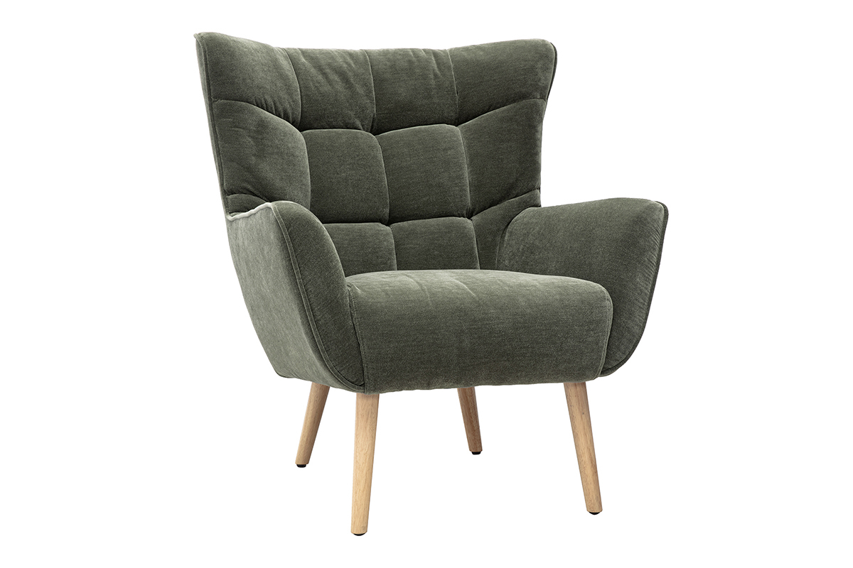 Fauteuil scandinave AVERY en tissu velours vert kaki avec pied en h�v�a, vue de 3/4