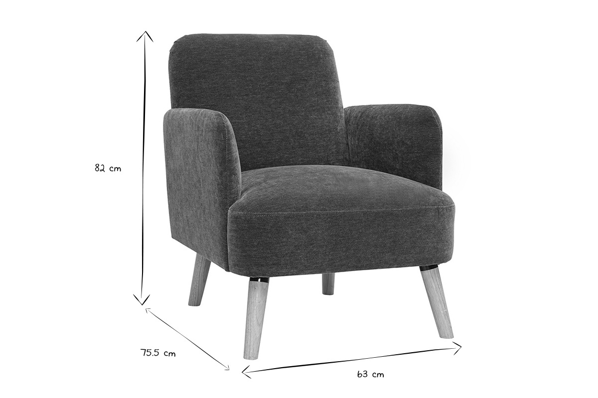 Fauteuil scandinave ISKO en noir et blanc avec dimensions : hauteur 82 cm, largeur 63 cm, profondeur 75,5 cm.