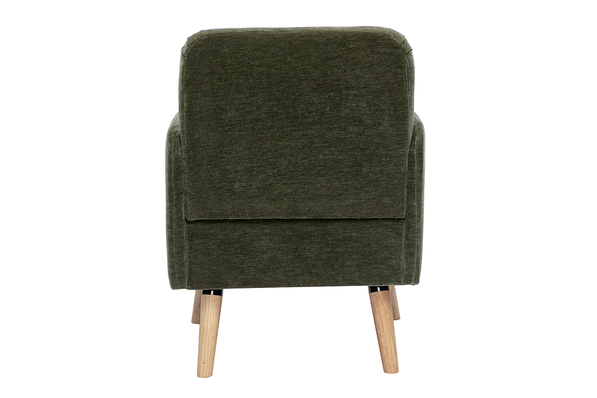 Fauteuil scandinave vert kaki ISKO, vue de dos, pieds en bois clair.