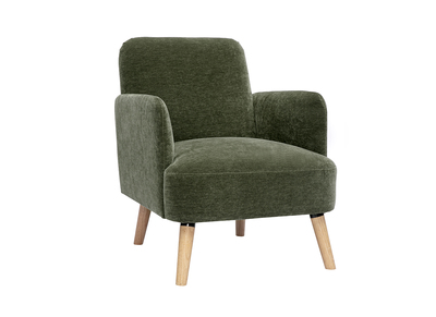 Fauteuil scandinave en tissu effet velours vert kaki et bois clair ISKO