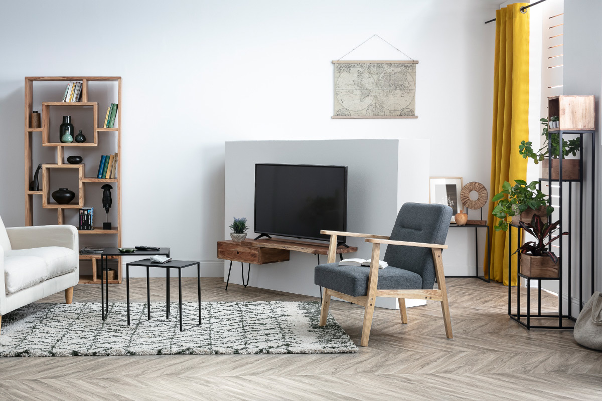 Fauteuil scandinave en tissu gris et bois clair ABYSS