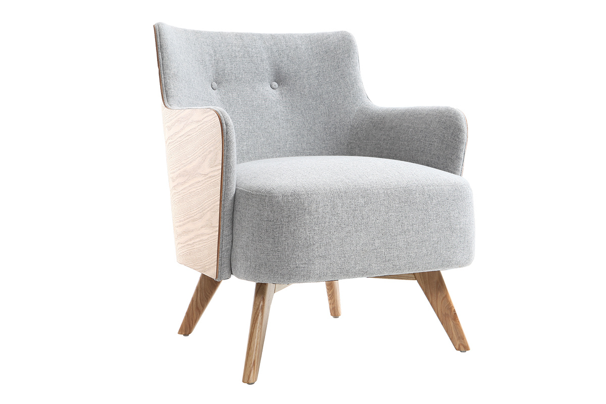 Fauteuil scandinave en tissu gris perle et bois clair VALMY
