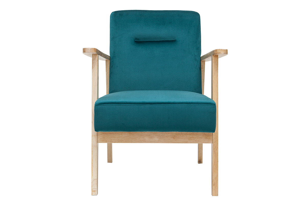 Fauteuil scandinave en tissu velours bleu p�trole et bois clair ABYSS
