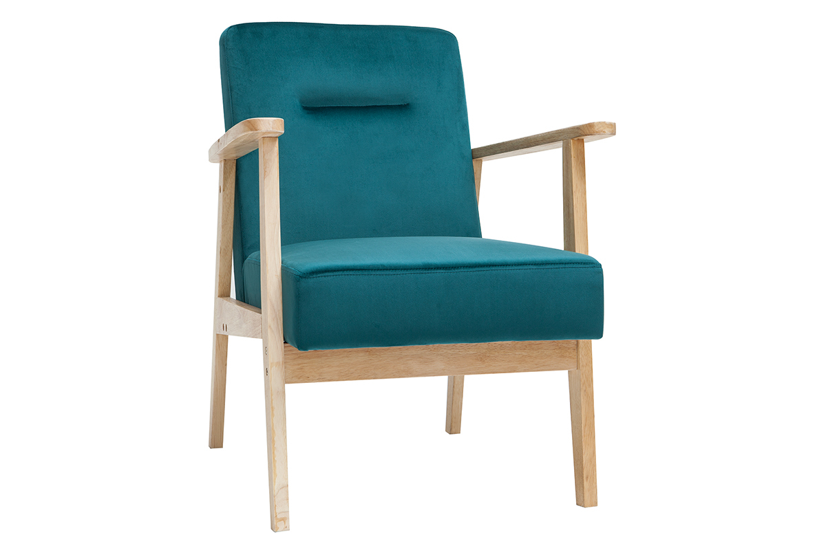 Fauteuil scandinave en tissu velours bleu p�trole et bois clair ABYSS