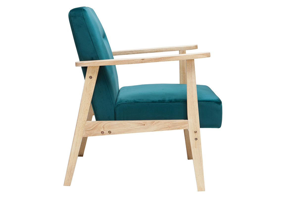 Fauteuil scandinave en tissu velours bleu p�trole et bois clair ABYSS