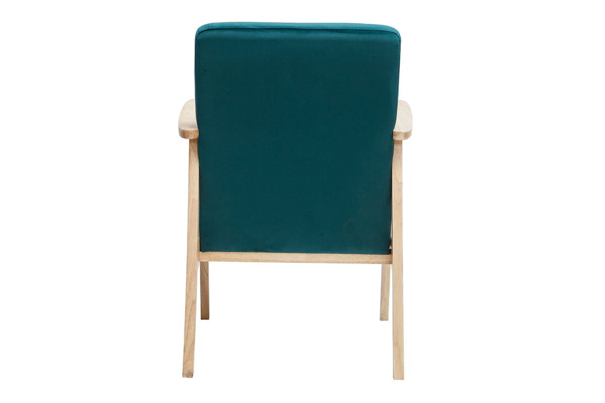 Fauteuil scandinave en tissu velours bleu p�trole et bois clair ABYSS
