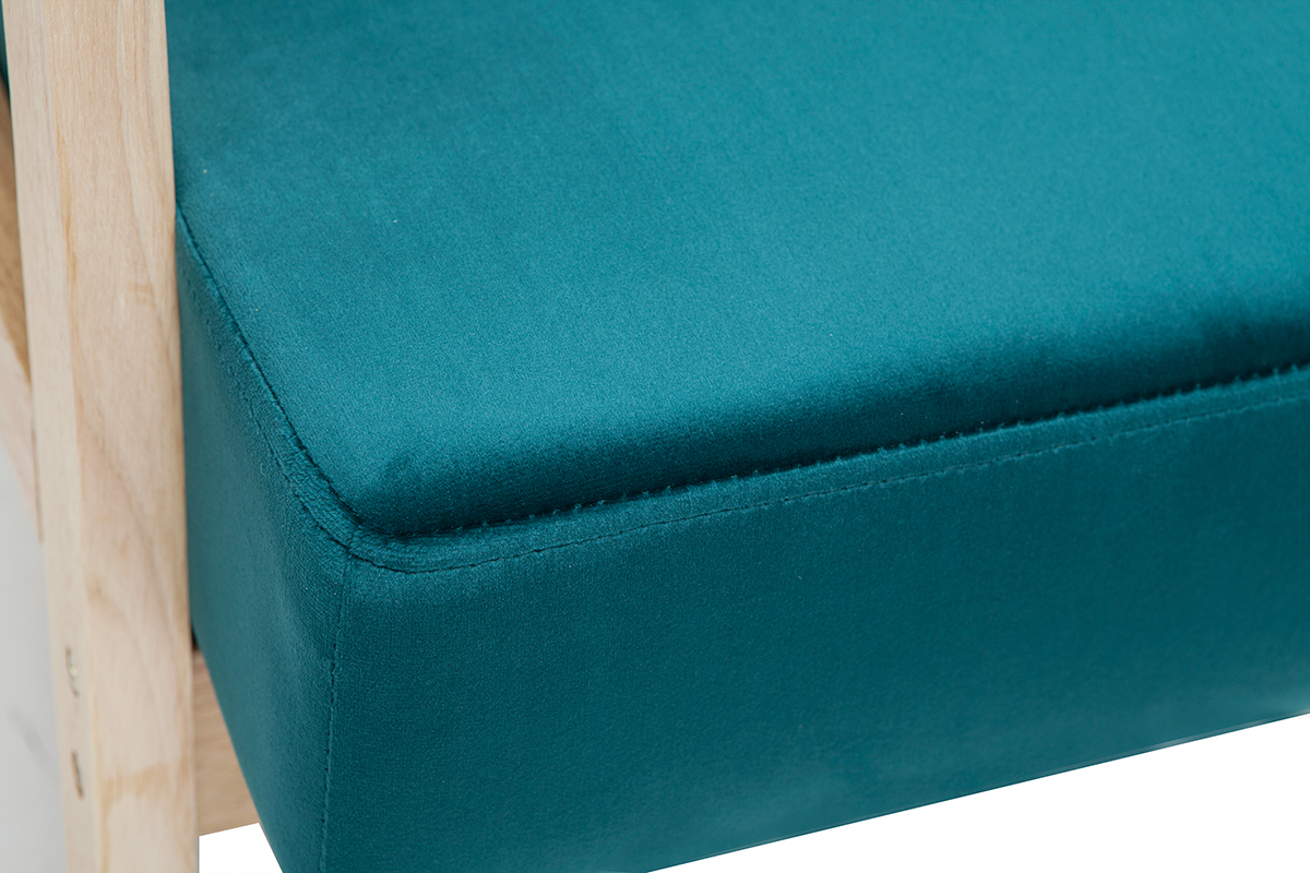 Fauteuil scandinave en tissu velours bleu p�trole et bois clair ABYSS
