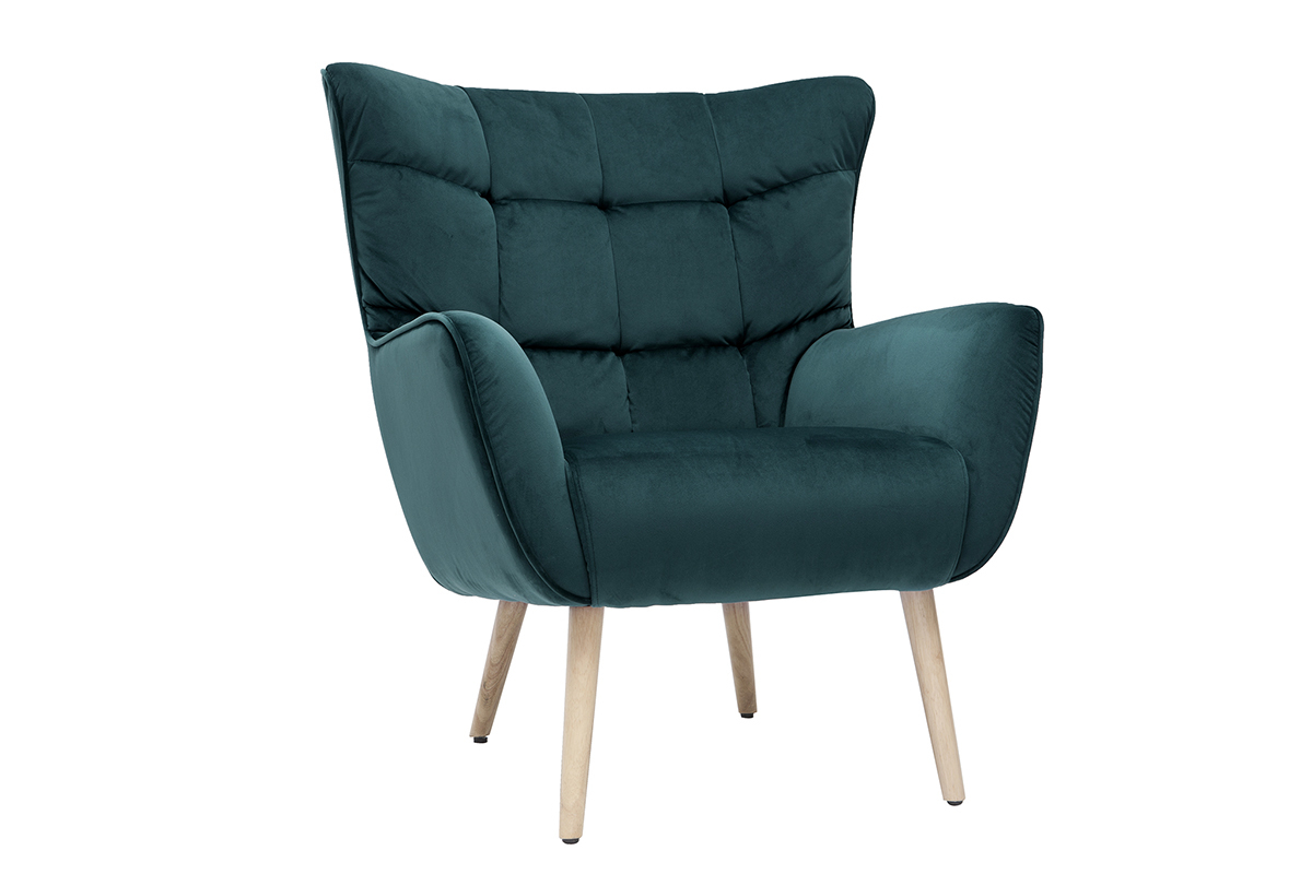 Fauteuil scandinave en tissu velours bleu ptrole et bois clair AVERY