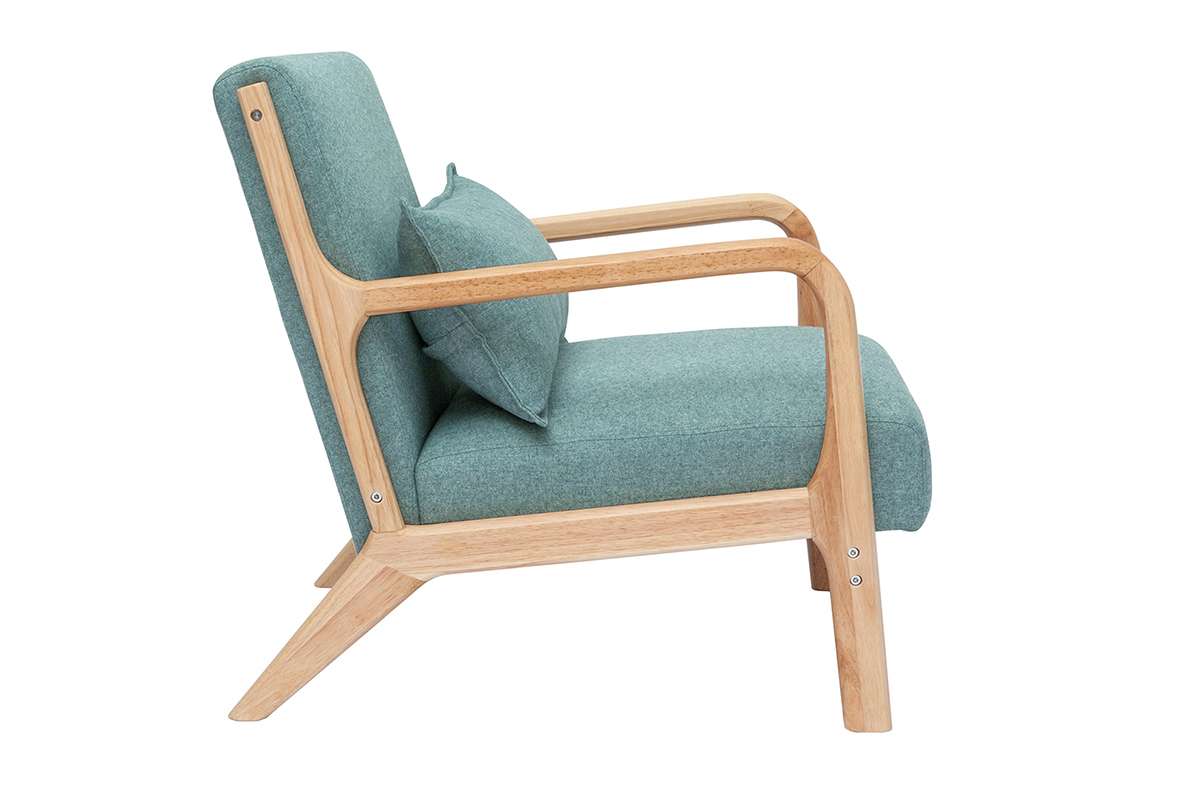 Fauteuil scandinave en tissu vert de gris et bois clair massif DERRY