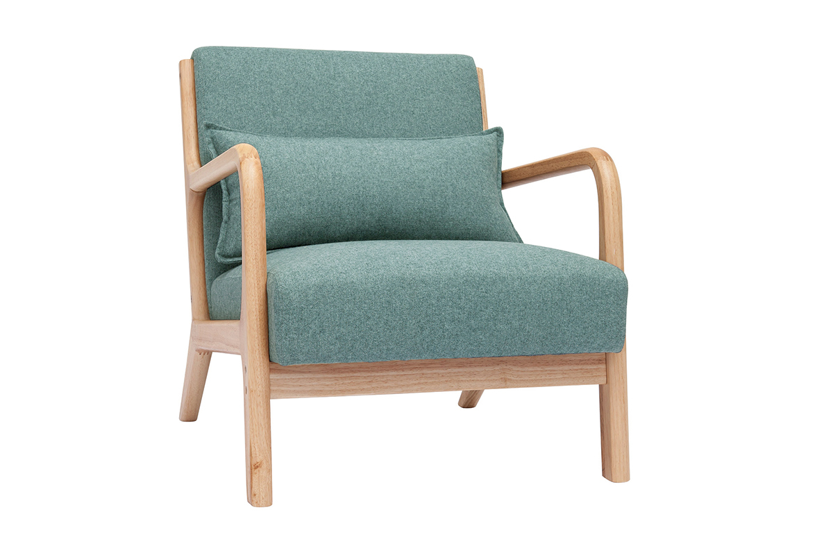 Fauteuil scandinave en tissu vert de gris et bois clair massif DERRY