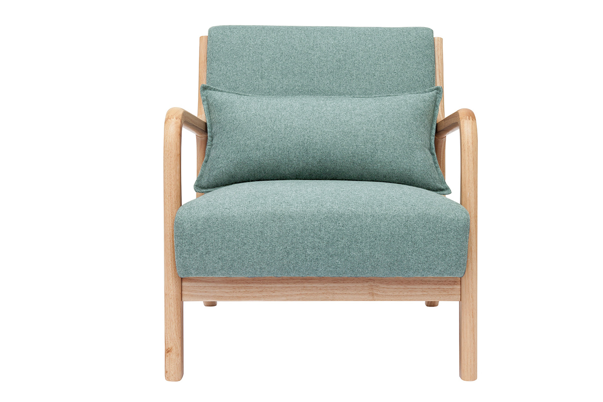 Fauteuil scandinave en tissu vert de gris et bois clair massif DERRY